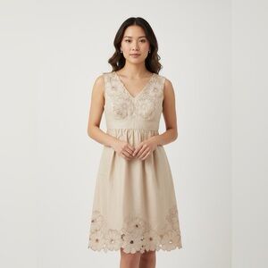 Adrianna Papell Beige Floral Embroidered V‑Neck Midi Dress